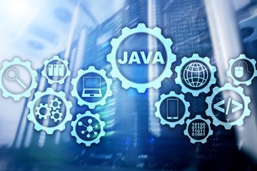  Java Programming concept. Virtual machine. On server room background.