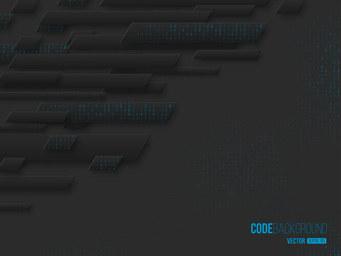 Binary code digital technology concept. Abstract 3d geometric shapes with zero one matrix, black with blue colors. Vector dynamic composition.