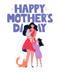 Happy mother's day. Flat art vector illustration with woman and children.