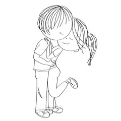 Young couple of lovers standing, hugging and kissing. Original hand drawn illustration.