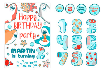 Fototapeta premium Invitation childrens holiday. Cute shark, sea fish, baby illustration. Cute figures illustrated in nautical style, cute Japanese style drawings.