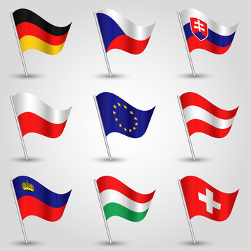 vector set of waving central europe states flags on silver pole - icon of states germany, czech republic, slovakia, poland, european union, austria, lichtenstein, hungary and switzerland