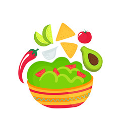 Guacamole - a dish of national Mexican cuisine. Tomato, garlic, lime slices, avocado, chili pepper, corn chips nachos. Local food