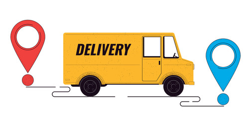 Delivery concept illustration. Delivery truck with path line and point of delivery isolated on a white background. Food service. Vector illustration