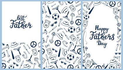 Fototapeta na wymiar Happy Father`s day hand drawn lettering. Men`s Accessories. Instruments. Sports equipment seamless pattern and greeting cards