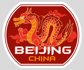 Tourist sticker Beijing. Chinese decorative dragon. Vector graphics