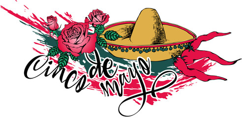 Sombrero. Vector illustration with design for Mexican holiday 5 may Cinco De Mayo. Vector template with traditional Mexican symbols 