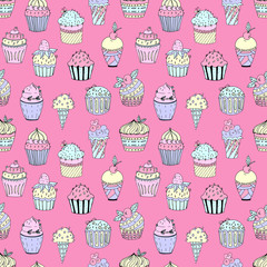 Vector illustration of a seamless pattern of cakes of different colors and shapes. Cupcakes with fillings and details on the background.