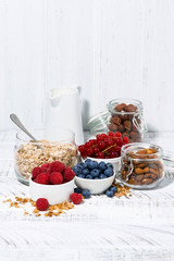 fresh organic products for a healthy breakfast on white table, vertical