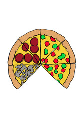 Color pizza with mushrooms and sausages , vector illustration for printing