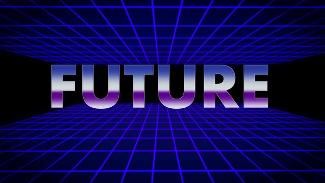 Future text with purple futuristic 80's synthwave grid background.  4k