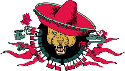 Jaguar in sombrero. Vector illustration with design for Mexican holiday 5 may Cinco De Mayo. Vector template with traditional Mexican symbols 