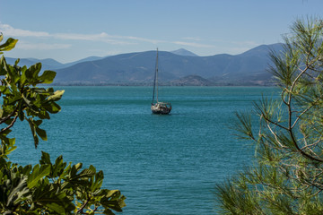 cruise vacation tropic scenic Mediterranean landscape photography with single yacht on vivid blue water surface in green tree branches natural frame with mountain background, summer bright weather