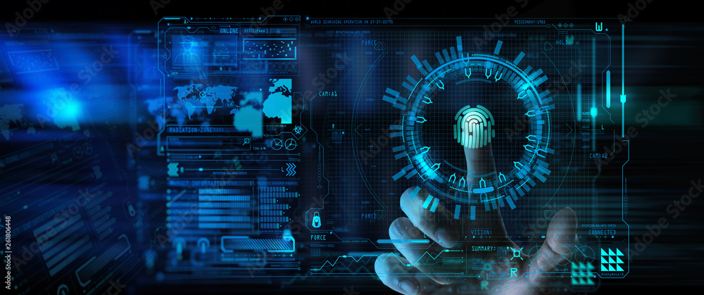 Poster Fingerprint scanning provides security access biometrics identification with Business Technology Safety Internet Network Ui.