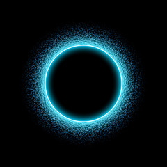 Neon circular shape of sound wave form. Neon circle with dots and waves. Light effect on black background. Vector illustration.