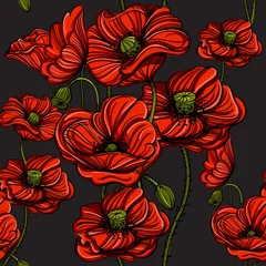 Wall murals Poppies Seamless pattern with red poppies. Hand-drawn floral background for wallpaper, wrapping paper, pattern fills, gift packaging, printing.