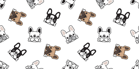 Dog seamless pattern french bulldog bone vector head puppy pet scarf isolated tile background repeat wallpaper cartoon illustration