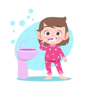 kid girl brushing teeth vector illustration