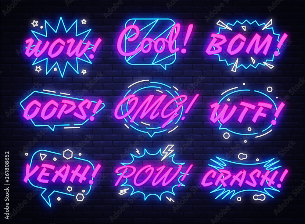 Wall mural comic bubbles set in neon style. expressions cool, oops, wow, omg, crash, yeah and other. collection