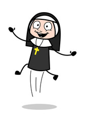 Jumping - Cartoon Nun Lady Vector Illustration﻿