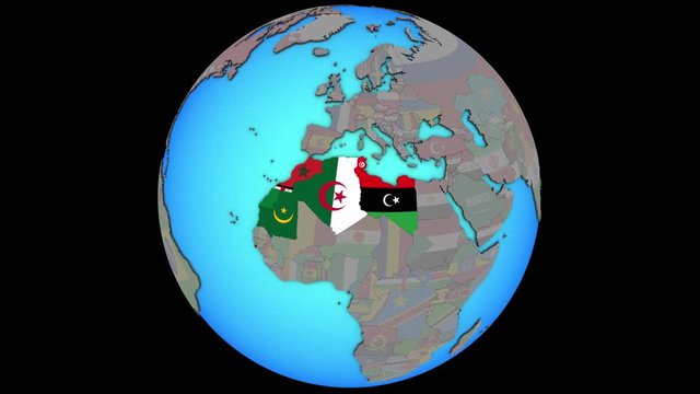 Closing in on Maghreb region with embedded national flags on blue political 3D globe. 3D illustration.