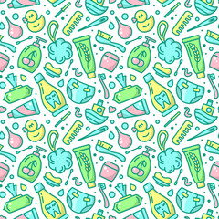 Seamless pattern with bright baby hygiene elements. Suitable for wallpaper, wrapping or textile