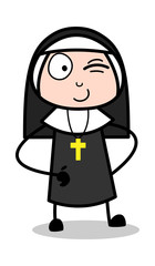 Winking Eye - Cartoon Nun Lady Vector Illustration﻿