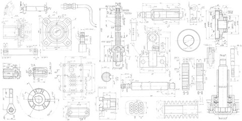 A set of engineering mechanical parts .Vector engineering illustration.Technical drawing background .