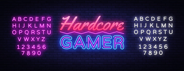 Hardcore Gamer Neon Text Vector. Gaming neon sign, design template, modern trend design, night signboard, night bright advertising, light banner, light art. Vector. Editing text neon sign © Ivan