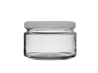 Preserve jar and jam from glass with a metal cover. Isolated on a white background