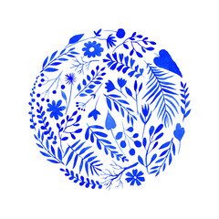 watercolor flowers and branches in the shape of a circle
