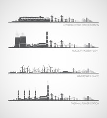 Vector power plants of various types. - obrazy, fototapety, plakaty