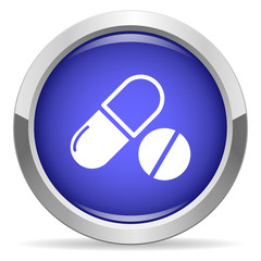 Drugs icon. Round bright blue button.