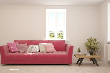 White stylish minimalist room with pink sofa. Scandinavian interior design. 3D illustration