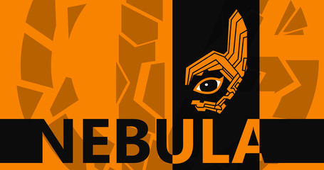 Nebula text with robotics parts of face. Techno art poster.