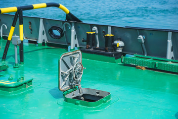 Metal locks and doors on the ship. Rest in Georgia. Port in Batumi. Water transport deck. Black Sea.
