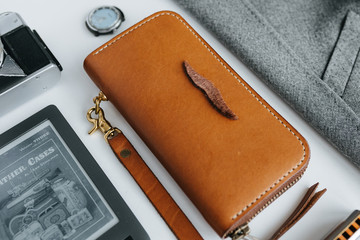 Leather goods, flat lay