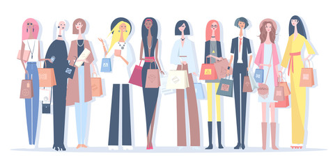 Fototapeta na wymiar Set of women of different nationalities make shopping