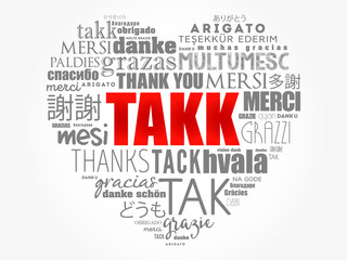 Takk (Thank You in Icelandic) love heart Word Cloud in different languages