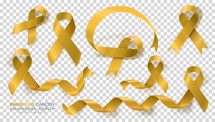 Childhood Cancer Awareness Month. Gold Color Ribbon Isolated On Transparent Background. Vector Design Template For Poster. - obrazy, fototapety, plakaty