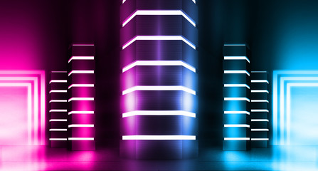Background of an empty corridor, rooms with concrete columns and neon lights.