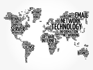 Fototapeta na wymiar Technology word cloud in shape of world map, business concept background