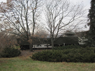 old soviet armoured train and tanks in a park in the city kiev