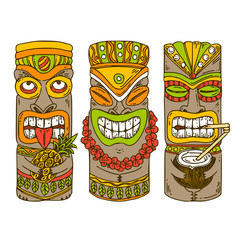 Obraz premium Set of wooden tiki idols. Color. Engraving style. Vector illustration.