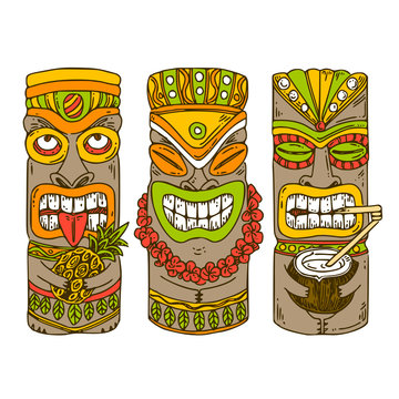 Set of wooden tiki idols. Color. Engraving style. Vector illustration.