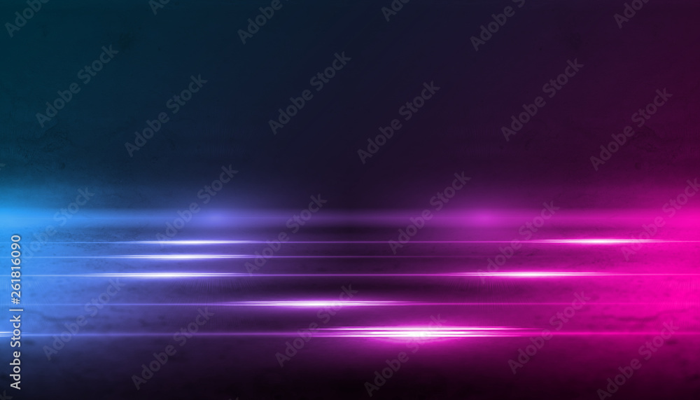 Poster empty background scene. dark street, a reflection of blue and pink neon light on wet pavement. rays 