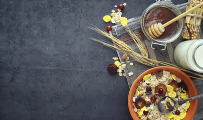 Healthy breakfast. Muesli from cereals with milk berries.