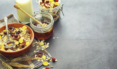 Healthy breakfast. Muesli from cereals with milk berries.