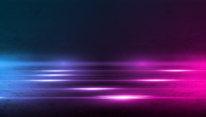 Empty background scene. Dark street, a reflection of blue and pink neon light on wet pavement. Rays...