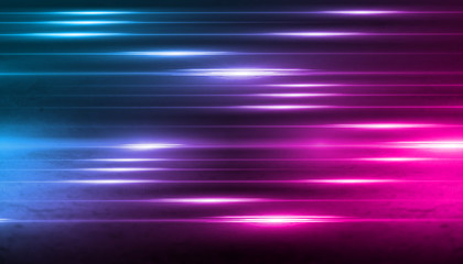 Empty background scene. Dark street, a reflection of blue and pink neon light on wet pavement. Rays of light in the dark, smoke. Night view of the street, the city. Abstract dark background.